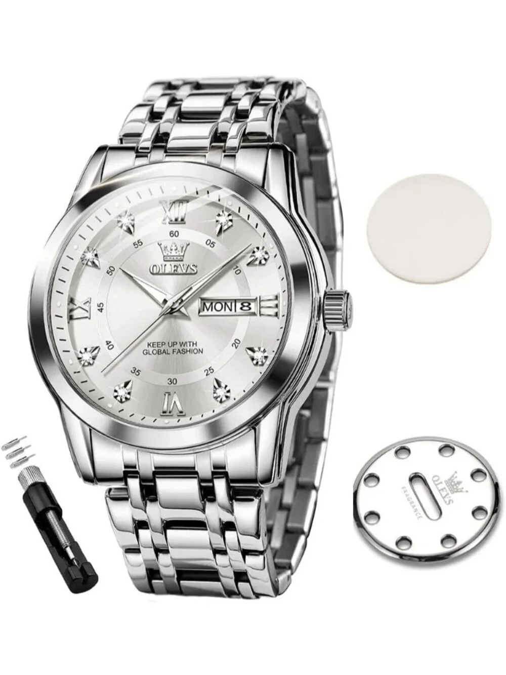 Olevs Men's Silver Dial Diamond Wrist Quartz Stainless Luminous Luxury Watch
